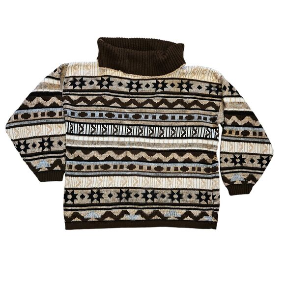 Vtg JJ Browne Cowl Neck Sweater Womens XL Brown Aztec Southwestern Boho Western - Picture 1 of 10